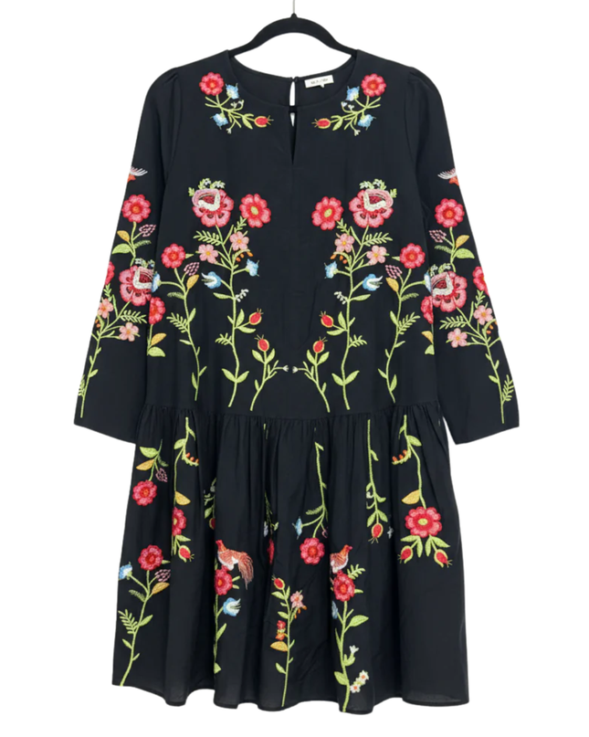 Zara Black Embroidered Floral Bird Tiered Mini Dress