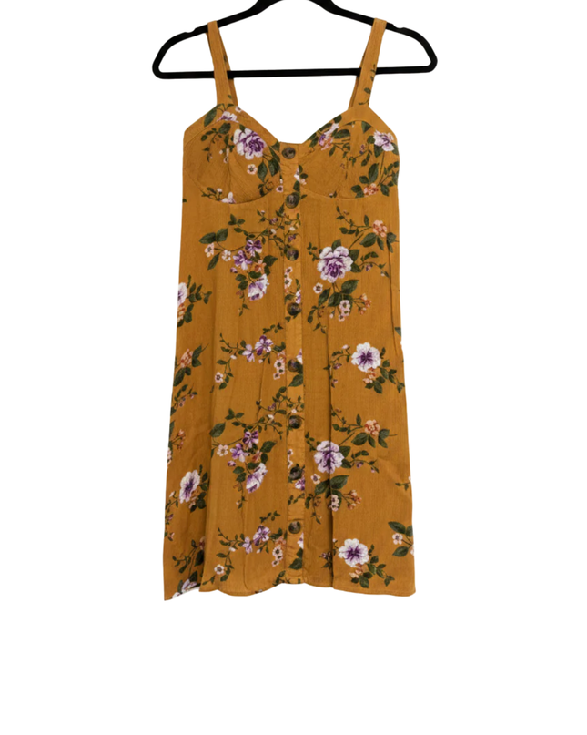 American Eagle Mustard Yellow Floral Button-Front Smocked Dress
