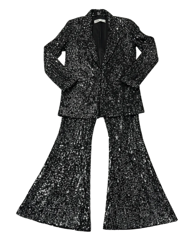 Zara Black Sequin Tailored Blazer and Flared Pants Suit Set