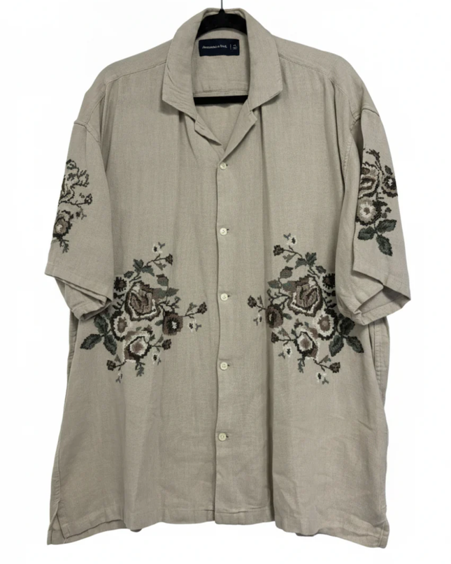 Abercrombie & Fitch Beige Floral Embroidered Linen Blend Shirt