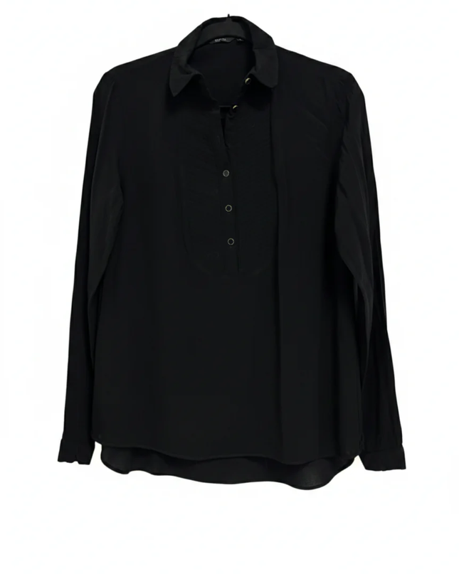 Iconic Black Viscose Bib-Front Long Sleeve Blouse