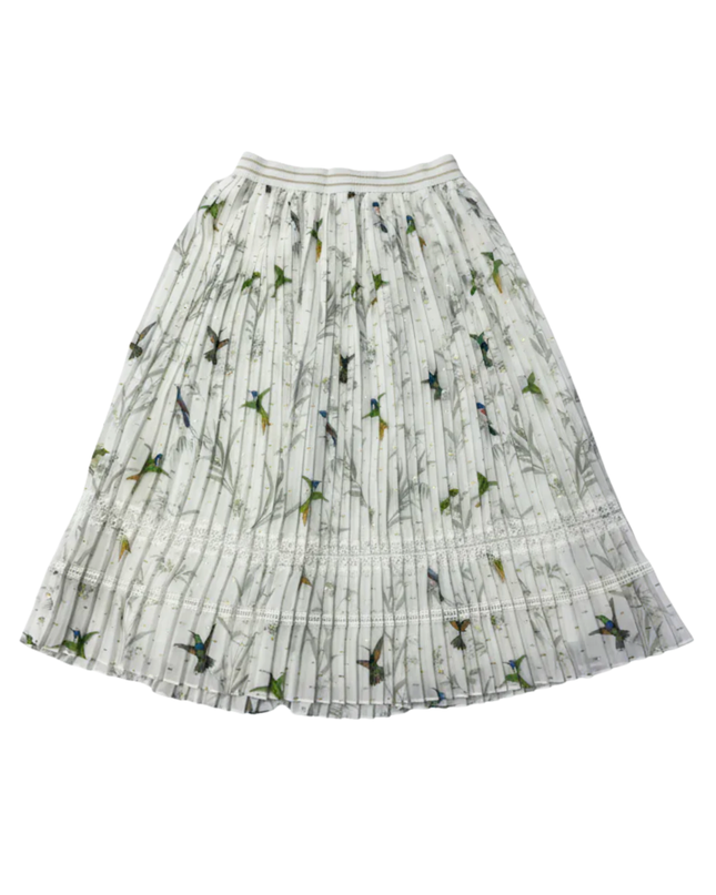 Ted Baker White Hummingbird Print Pleated Midi Skirt