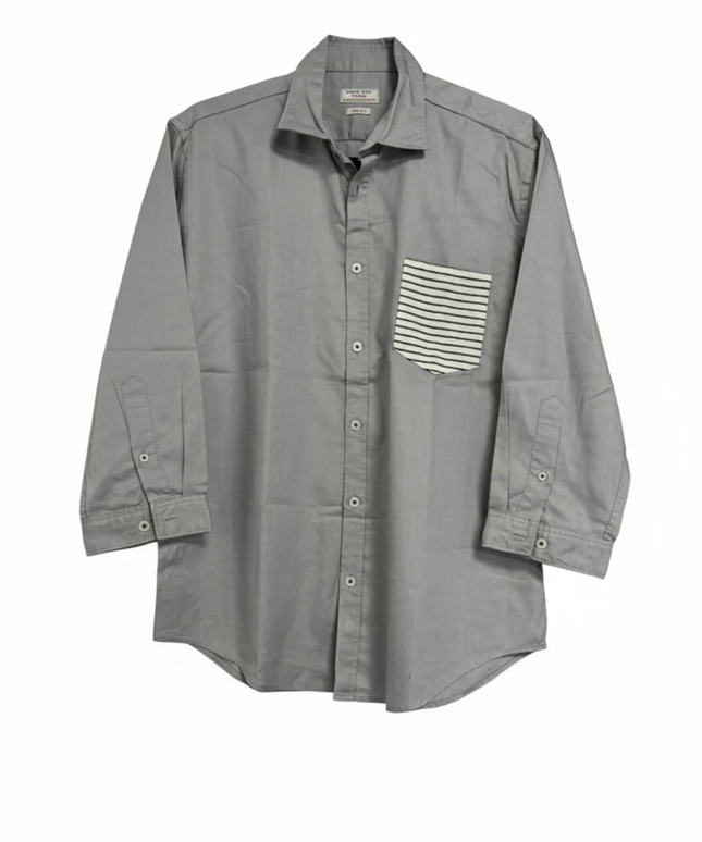 Zara Man Grey Cotton Button-Down Shirt with Striped Pocket