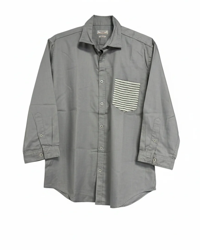 Zara Man Grey Cotton Button-Down Shirt with Striped Pocket