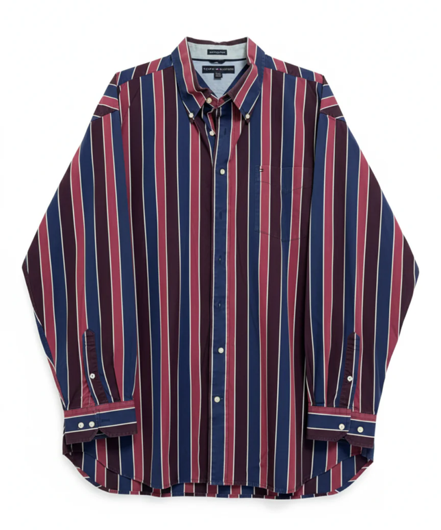 Tommy Hilfiger Burgundy and Navy Blue Striped Long Sleeve Shirt