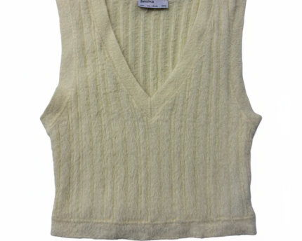 Bershka Pale Yellow Fuzzy Ribbed Knit V-Neck Sweater Vest
