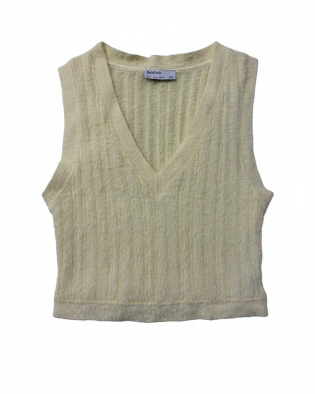 Bershka Pale Yellow Fuzzy Ribbed Knit V-Neck Sweater Vest
