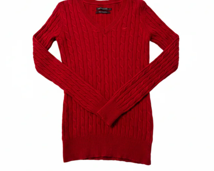 Sacoor Brothers Red Cable Knit Wool & Cashmere V-Neck Sweater