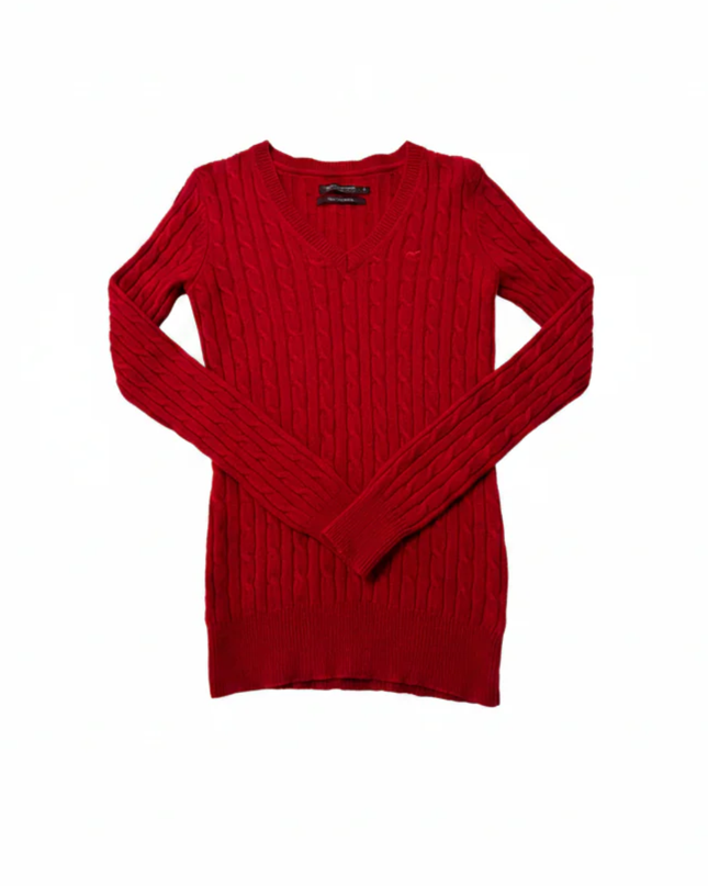 Sacoor Brothers Red Cable Knit Wool & Cashmere V-Neck Sweater