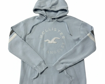 Hollister Light Blue Graphic Hoodie with Sleeve Stripes