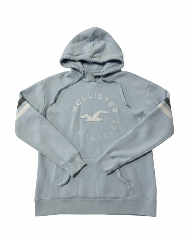 Hollister Light Blue Graphic Hoodie with Sleeve Stripes