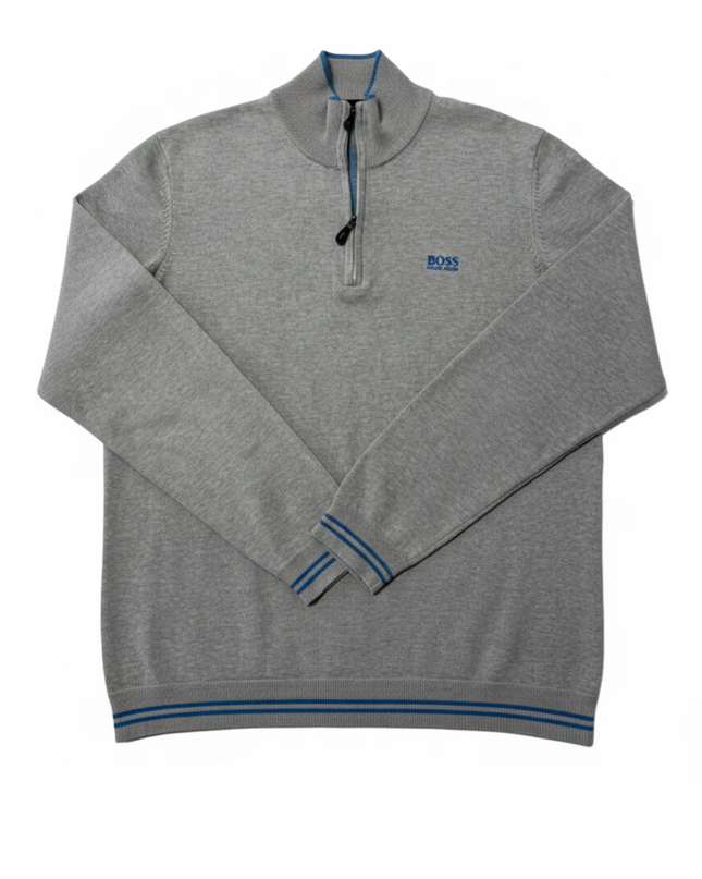 Hugo Boss Grey Quarter-Zip Cotton Blend Sweater
