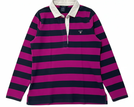 GANT Magenta and Navy Striped Long Sleeve Rugby Polo Shirt