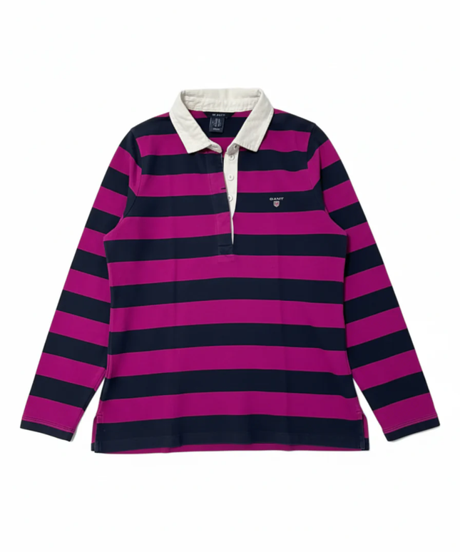 GANT Magenta and Navy Striped Long Sleeve Rugby Polo Shirt