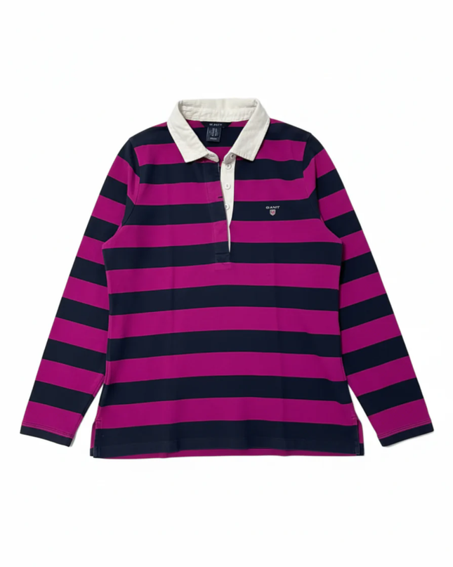 GANT Magenta and Navy Striped Long Sleeve Rugby Polo Shirt
