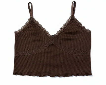 H&M Brown Ribbed Lace Trim Cami Crop Top