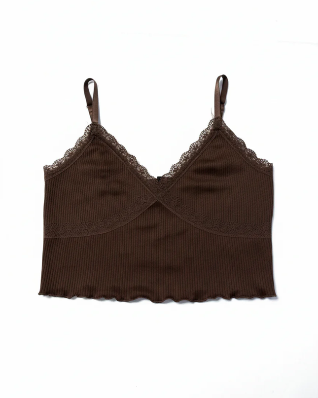 H&M Brown Ribbed Lace Trim Cami Crop Top