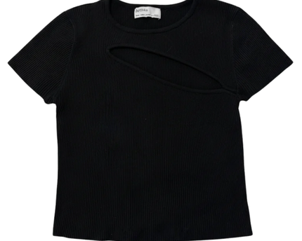 Bershka Black Ribbed Cut-Out Short Sleeve Crop Top