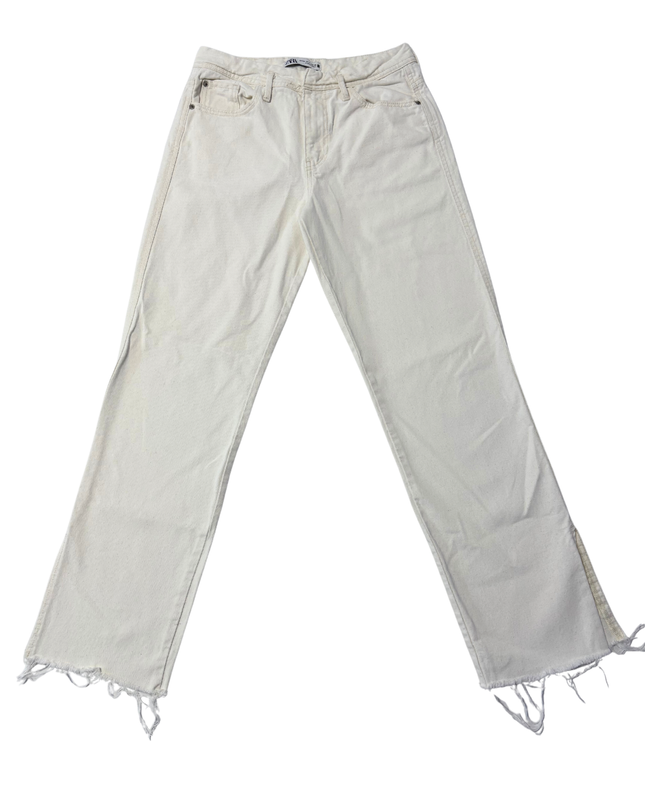 Zara White Straight Leg Frayed Hem Jeans