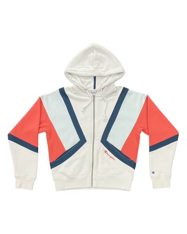 Champion White Geometric Color-Block Zip-Up Hoodie Unisex