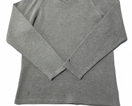 Tommy Hilfiger Grey V-Neck Ribbed Cotton Sweater