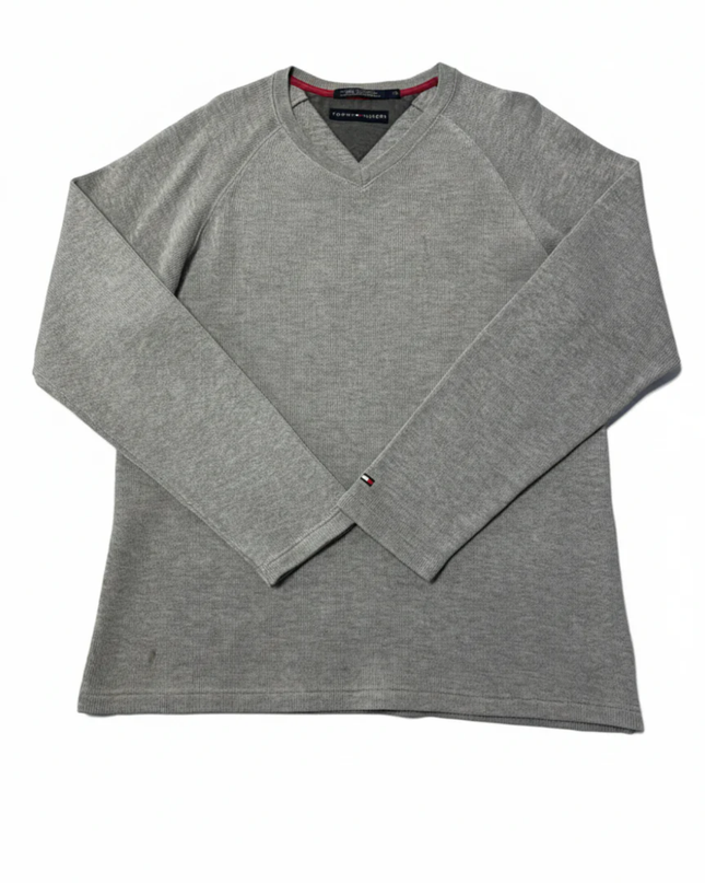 Tommy Hilfiger Grey V-Neck Ribbed Cotton Sweater