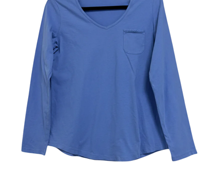 Blue Long-Sleeve V-Neck T-Shirt with Lace Pocket Detail