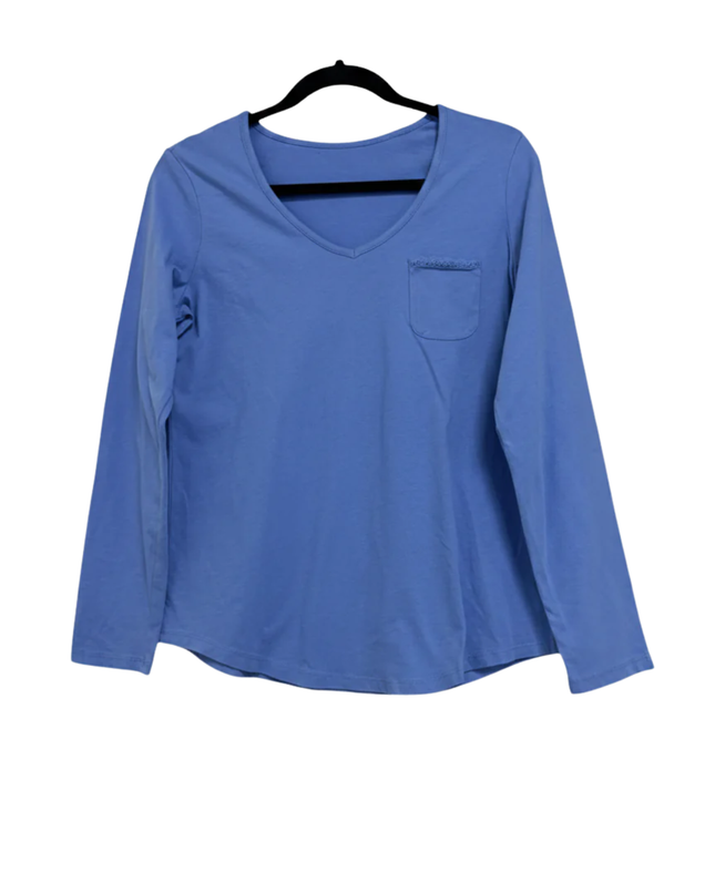 Blue Long-Sleeve V-Neck T-Shirt with Lace Pocket Detail