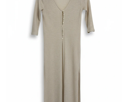 Stradivarius Beige Ribbed Knit Button-Down Midi Dress