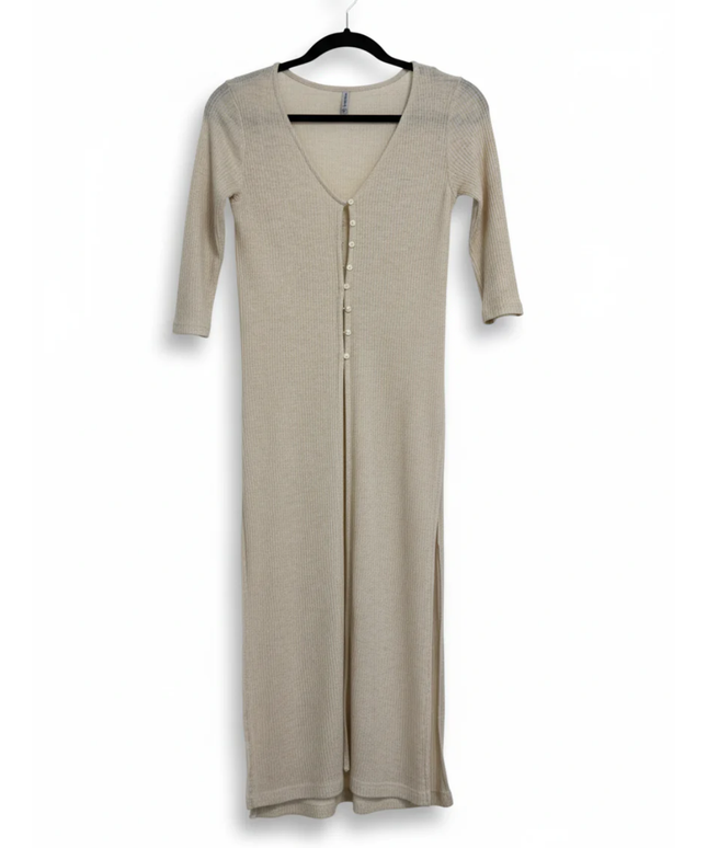 Stradivarius Beige Ribbed Knit Button-Down Midi Dress