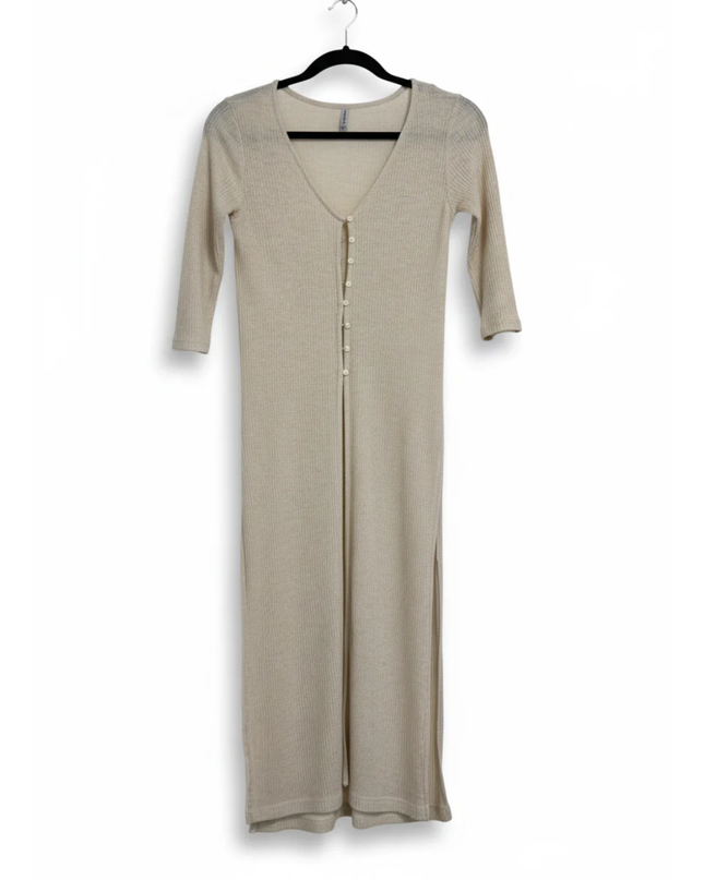 Stradivarius Beige Ribbed Knit Button-Down Midi Dress