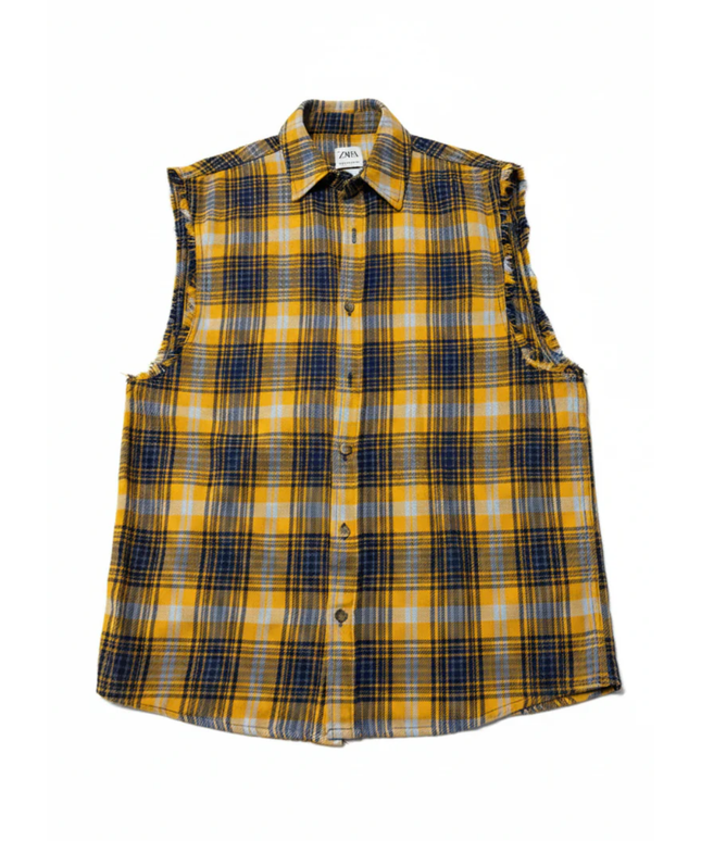 Zara Yellow Plaid Relaxed Fit Sleeveless Flannel Shirt