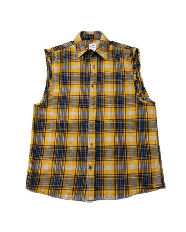 Zara Yellow Plaid Relaxed Fit Sleeveless Flannel Shirt