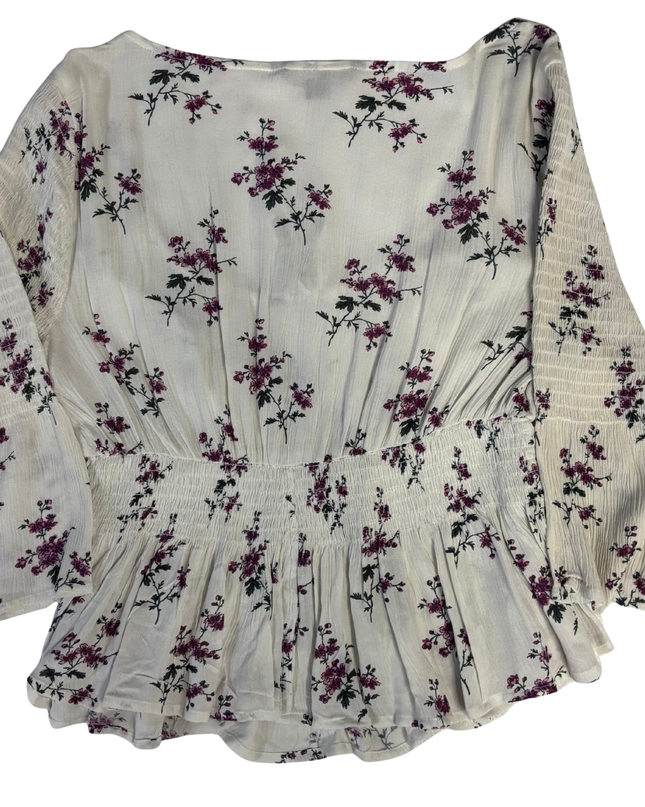 American Eagle White/Purple Floral Smocked Peplum Blouse