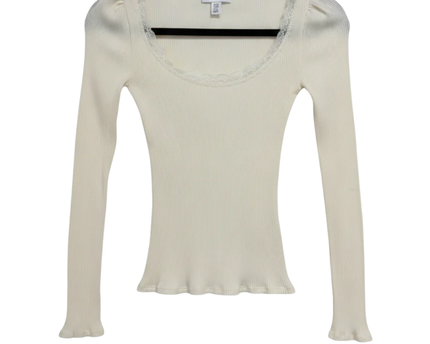 Topshop Cream Ribbed Long Sleeve Lace Trim Top
