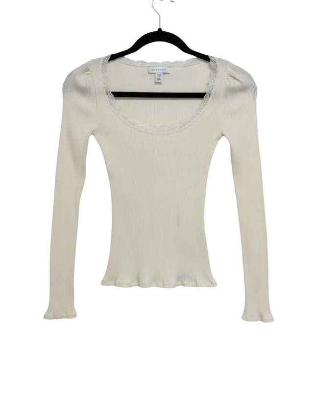 Topshop Cream Ribbed Long Sleeve Lace Trim Top