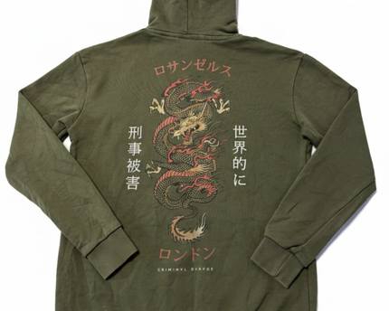 Criminal Damage Olive Green Dragon Graphic Hoodie