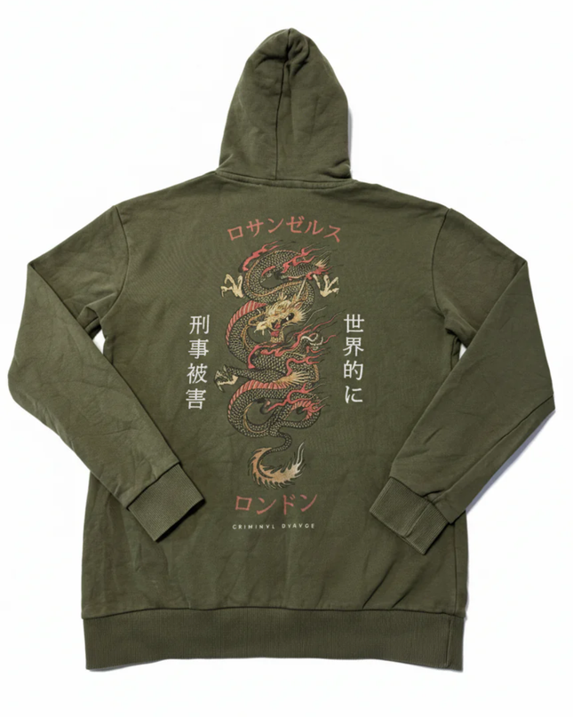 Criminal Damage Olive Green Dragon Graphic Hoodie