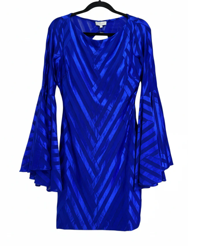 City Goddess Royal Blue Chevron Bell Sleeve Mini Dress | With Tag