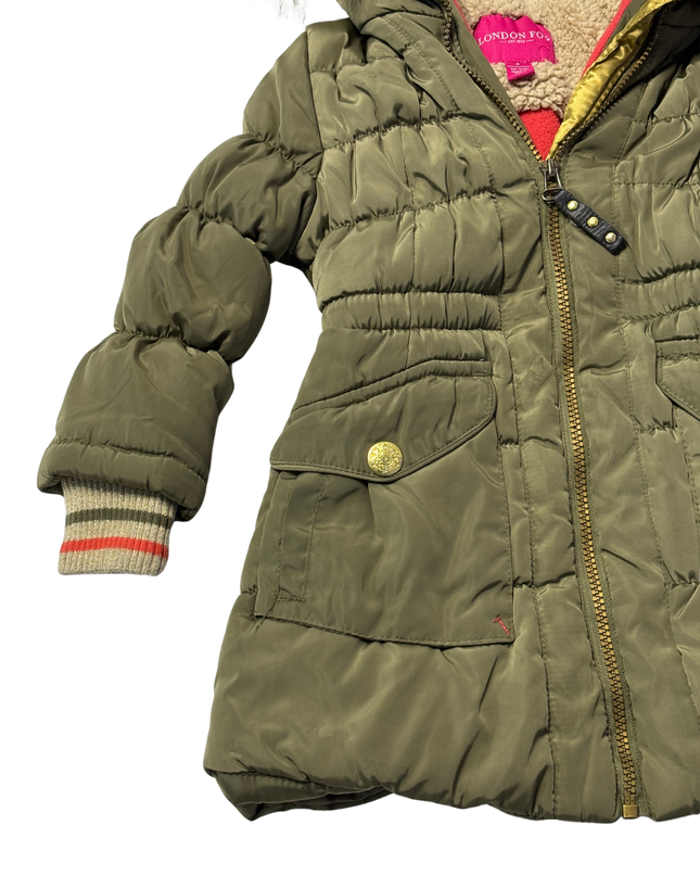 London Fog Olive Green Hooded Puffer Jacket with Faux Fur Trim
