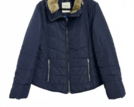 Q/S designed by Navy Blue Quilted Puffer Jacket with Faux Fur Trim