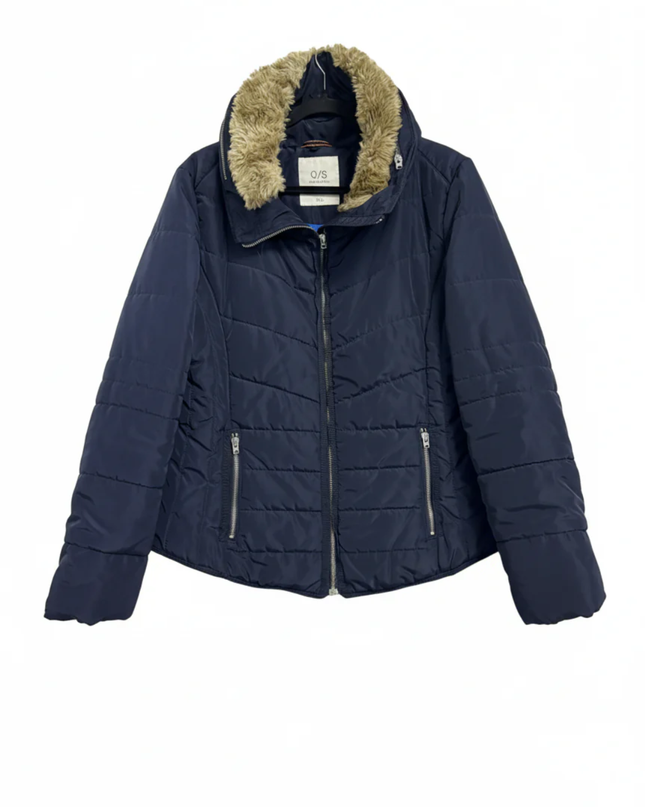 Q/S designed by Navy Blue Quilted Puffer Jacket with Faux Fur Trim