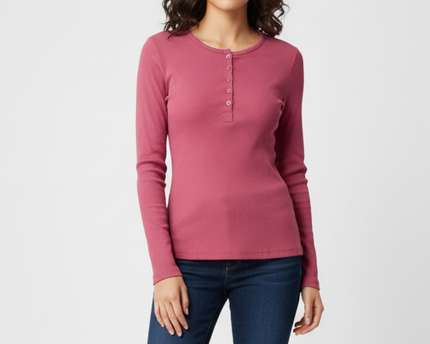 Ribbed Rose Pink Button-Front Long Sleeve Henley T-Shirt