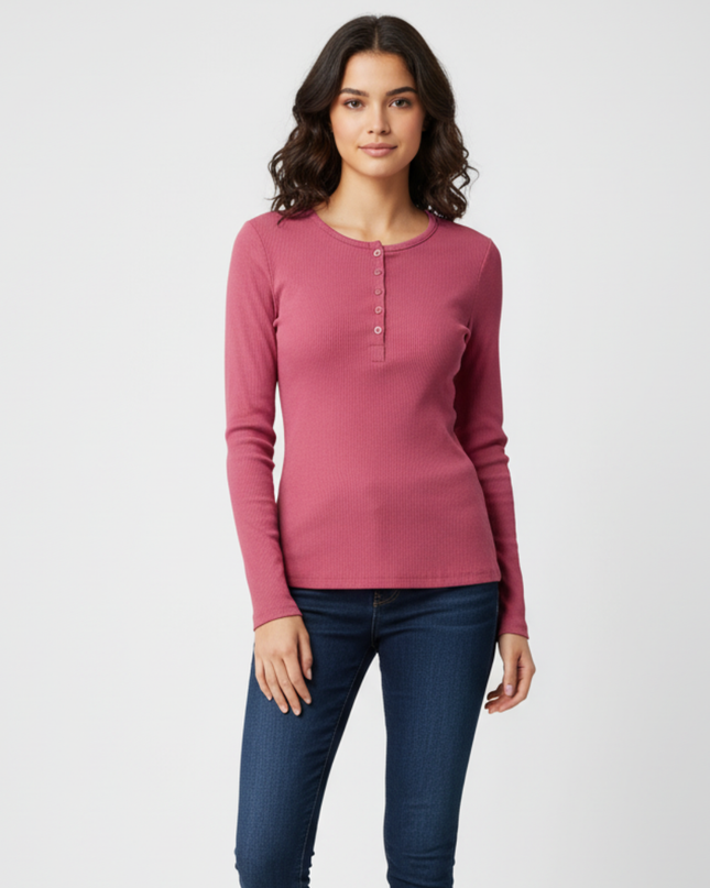Ribbed Rose Pink Button-Front Long Sleeve Henley T-Shirt