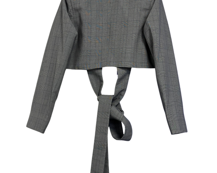 Royaled Grey Cropped Tie-Front Plaid Blazer
