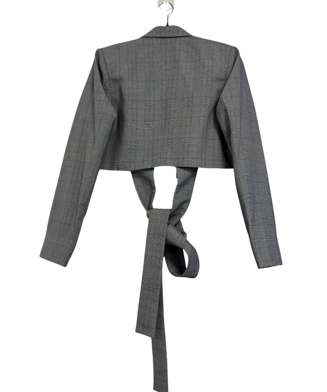 Royaled Grey Cropped Tie-Front Plaid Blazer