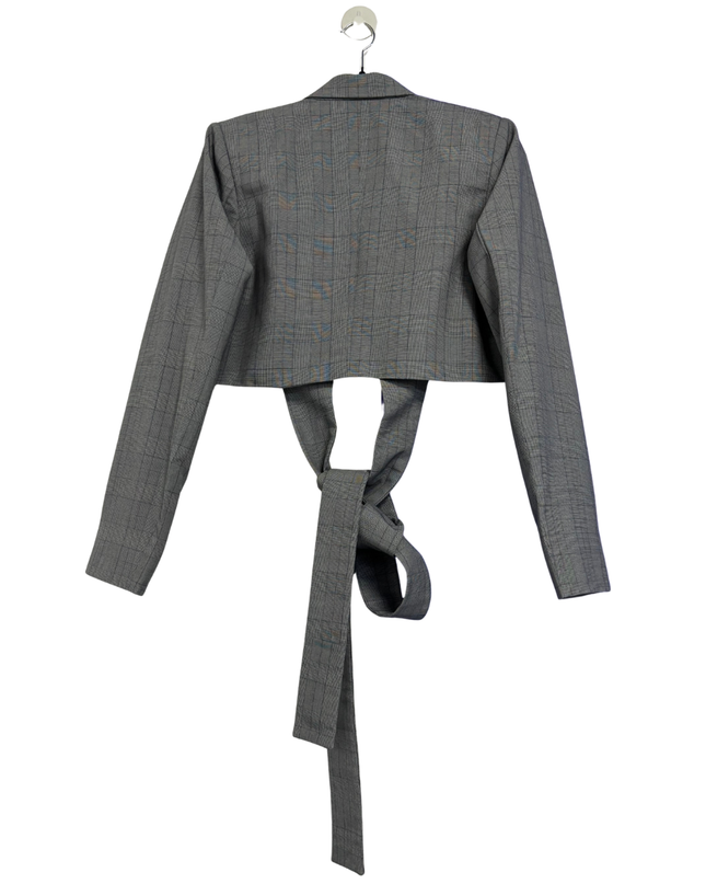 Royaled Grey Cropped Tie-Front Plaid Blazer