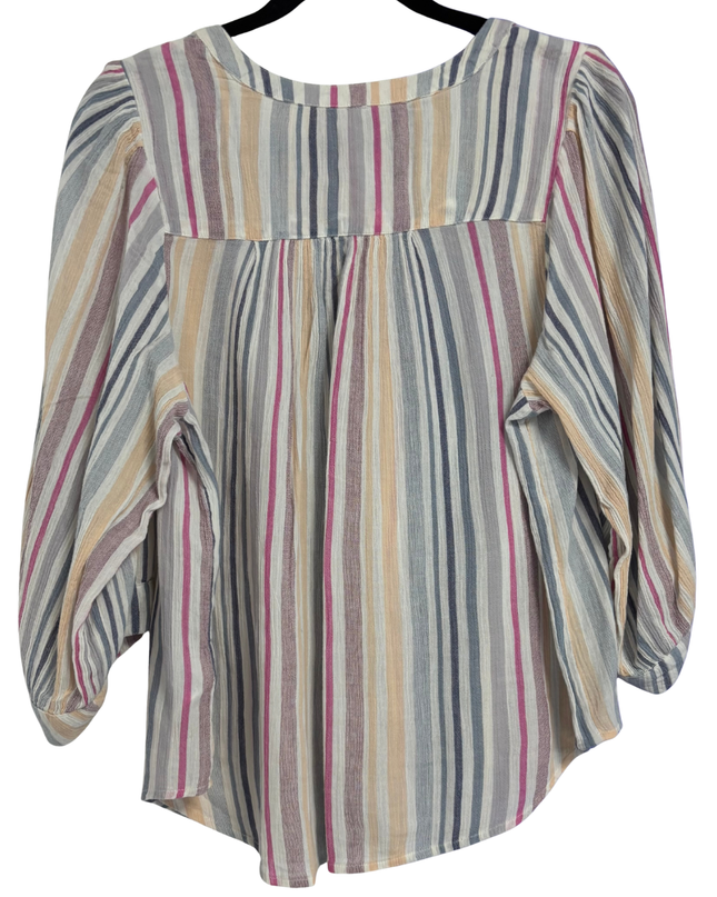 Chaps Multicolor Striped V-Neck Blouse with Roll-Tab Sleeves