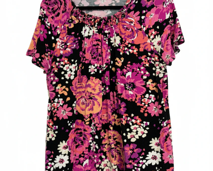Croft & Barrow Black Floral Short Sleeve Pleated Neck Blouse