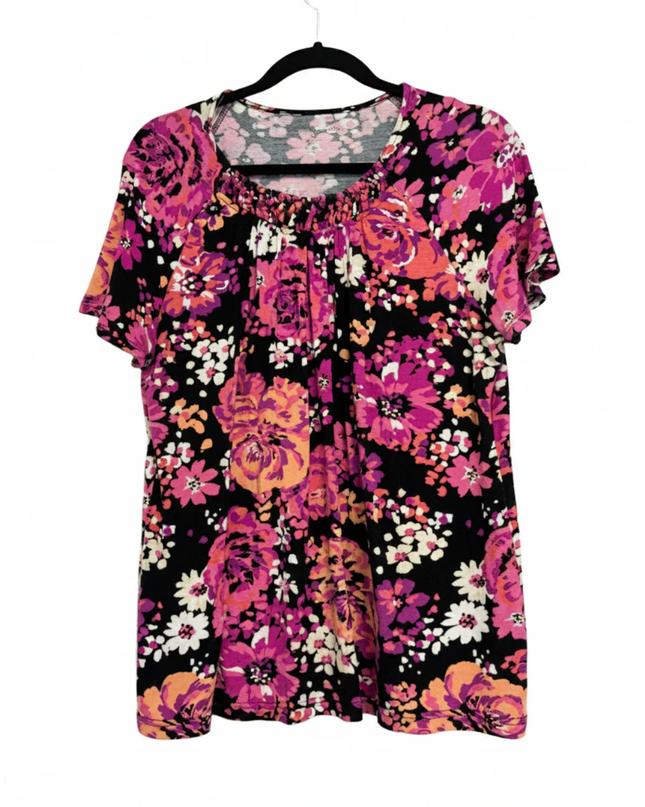Croft & Barrow Black Floral Short Sleeve Pleated Neck Blouse